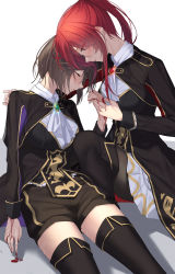 Rule 34 | 2girls, ascot, black jacket, black legwear, black shorts, blood, blood on ground, blood on hands, blush, brooch, brown hair, closed mouth, copyright request, epaulettes, closed eyes, grey background, hand on another&#039;s shoulder, heads together, highres, holding hands, jacket, jewelry, long hair, long sleeves, multiple girls, pallad, ponytail, red eyes, red hair, saliva, shadow, shirt, short hair, shorts, sidelocks, sweat, white ascot, white background, white shirt