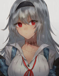 Rule 34 | 1girl, artist name, bad id, bad pixiv id, girls&#039; frontline, grey background, hairband, highres, long hair, looking at viewer, neck ribbon, rain, red eyes, ribbon, scar, scar on neck, silver hair, solo, thunder (girls&#039; frontline), upper body, xanax025