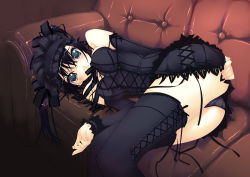 Rule 34 | 1girl, ass, bare shoulders, black dress, black hair, black panties, black thighhighs, blush, boots, breasts, couch, covered erect nipples, cross-laced footwear, detached sleeves, dress, frills, gothic lolita, green eyes, hair ribbon, hairband, highres, impossible clothes, impossible dress, lace-up boots, lolita fashion, lolita hairband, long hair, looking at viewer, lying, murakami suigun, on side, open mouth, original, panties, parted lips, presenting, ribbon, skirt, solo, thigh boots, thighhighs, thighs, twintails, underwear, upskirt, wrist cuffs