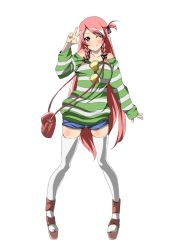 Rule 34 | 1girl, alternate costume, alternate hairstyle, bag, braid, collarbone, contemporary, female focus, green eyes, heart, hong meiling, long hair, long sleeves, naodx, off shoulder, one eye closed, red hair, shoes, short shorts, shorts, side ponytail, smile, solo, standing, thighhighs, touhou, twin braids, white thighhighs, wink