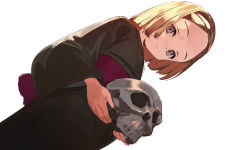 Rule 34 | 1girl, black kimono, blonde hair, copyright request, dutch angle, from below, grey eyes, holding, holding skull, japanese clothes, kimono, long sleeves, looking at viewer, looking down, obi, pako (pakosun), purple sash, sash, simple background, skull, white background, wide sleeves