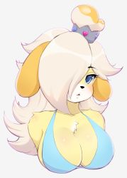 Rule 34 | 1girl, animal crossing, animal ears, bikini, bikini top only, blonde hair, blue eyes, breasts, cosplay, crown, dog ears, furry, furry female, fusion, grey background, highres, isabelle (animal crossing), large breasts, long hair, mario (series), meltyvixen, nintendo, one eye covered, rosalina, simple background, solo, super mario bros. 1, super mario galaxy, swimsuit, upper body