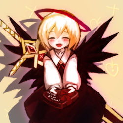 Rule 34 | 1girl, :d, ^ ^, black skirt, black wings, blonde hair, blouse, closed eyes, english text, ex-rumia, closed eyes, fang, giving, halo, heart, highres, huge weapon, incoming gift, open mouth, religious offering, rumia, shirt, short hair, skirt, smile, spark621, sword, touhou, vest, weapon, wings