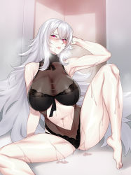 Rule 34 | 1girl, ass, azur lane, bare shoulders, barefoot, black one-piece swimsuit, blush, breasts, closed mouth, clothing cutout, foot out of frame, graf zeppelin (azur lane), graf zeppelin (beachside urd) (azur lane), hair between eyes, hand in own hair, jjanda, knee up, large breasts, legs, long hair, looking at viewer, navel, navel cutout, official alternate costume, one-piece swimsuit, pink eyes, sitting, solo, spread legs, sweat, swimsuit, thighs, very long hair, white hair