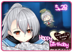 Rule 34 | 1girl, asymmetrical bangs, blush, cake, candy, chibi, chocolate, chocolate cake, chocolate heart, closed mouth, closers, crossed arms, dated, food, grey hair, hair over one eye, halo, happy birthday, heart, orange eyes, ponytail, shaojiang, tina (closers)