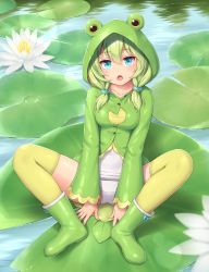 Rule 34 | 1girl, animal hood, blue eyes, boots, breasts, chestnut mouth, commentary request, flower, frog hood, frog raincoat, green hair, green thighhighs, highres, hood, lily pad, looking at viewer, lotus, medium breasts, medium hair, one-piece swimsuit, open mouth, original, raincoat, rubber boots, sasaame, school swimsuit, sitting, solo, spread legs, swimsuit, thighhighs, water, white one-piece swimsuit, white school swimsuit
