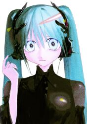 Rule 34 | 1girl, adapted costume, black shirt, blue hair, collared shirt, commentary request, empty eyes, expressionless, fcx4l, film grain, grey eyes, hand up, hatsune miku, headphones, highres, index finger raised, lens flare, long sleeves, looking at viewer, pale skin, see-through, see-through sleeves, shirt, simple background, solo, twintails, upper body, vocaloid, white background