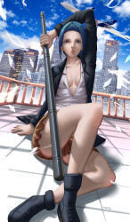 Rule 34 | 1girl, absurdres, aircraft, airplane, bettou risa, blue eyes, blue hair, closed mouth, highres, holding, holding weapon, looking at viewer, on floor, prison school, rawjuetutu, realistic, school uniform, shinai, short hair, signature, sitting, sky, solo, sword, uniform, weapon, wood