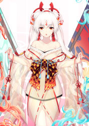 Rule 34 | 1girl, absurdres, bare shoulders, black bow, bow, breasts, cleavage, collarbone, commentary request, facial mark, fire, hair bun, hair ornament, highres, japanese clothes, kimono, long hair, looking at viewer, makeup, medium breasts, nail polish, off shoulder, onmyoji, open mouth, orange eyes, red lips, red nails, red ribbon, ribbon, see-through, shiranui (onmyoji), single hair bun, solo, standing, white hair, wu yao jun, yellow bow