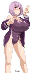 Rule 34 | 10s, 1girl, blush, breasts, cleavage, competition swimsuit, feet out of frame, full body, gridman universe, highres, huge breasts, jacket, light purple hair, long sleeves, off shoulder, one-piece swimsuit, one eye closed, purple jacket, purple one-piece swimsuit, red eyes, saizu nitou gunsou, shinjou akane, short hair, simple background, smile, solo, ssss.gridman, standing, strap gap, swimsuit, twitter username, v, white background, wink