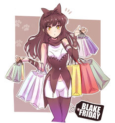 Rule 34 | 1girl, bag, black friday, black hair, blake belladonna, commentary request, english text, flying sweatdrops, hair ribbon, highres, iesupa, long hair, looking at viewer, navel, outstretched wrists, pantyhose, parody, price tag, pun, ribbon, rwby, shopping, shopping bag, solo, thigh gap, ticket, yellow eyes