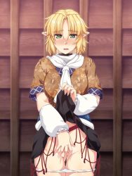 Rule 34 | 1girl, arm warmers, blonde hair, blush, covering privates, covering crotch, green eyes, hair between eyes, highres, lifting own clothes, mizuhashi parsee, ootsuki wataru, open mouth, panties, panty pull, pointy ears, scarf, short hair, short sleeves, solo, touhou, underwear, white panties, white scarf