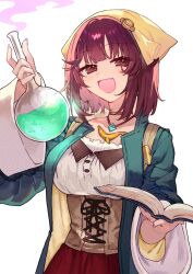 Rule 34 | 1girl, :d, atelier (series), atelier sophie, book, bottle, breasts, brown choker, choker, commentary request, corset, fang, green jacket, head scarf, highres, holding, holding book, holding bottle, jacket, long sleeves, looking at viewer, medium breasts, open clothes, open jacket, open mouth, red eyes, red hair, ryuuno6, short hair, simple background, smile, solo, sophie neuenmuller, white background, yellow headwear