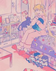 Rule 34 | 1girl, animal print, bedroom, bishoujo senshi sailor moon, black cat, blonde hair, blue eyes, book, cat, character doll, comb, commentary, crescent, curtains, full body, highres, indoors, long hair, long sleeves, luna (sailor moon), no socks, on bed, pajamas, photo (object), picture frame, pikurusu, pink background, pink pajamas, rabbit print, red footwear, sailor moon, shelf, sitting, sleeves past wrists, slippers, star (symbol), star print, stuffed animal, stuffed toy, symbol-only commentary, teddy bear, tsukino usagi, twintails, very long hair
