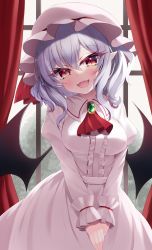 Rule 34 | 1girl, absurdres, alternate breast size, ascot, backlighting, bat wings, breasts, brooch, curtains, dress, hat, highres, jewelry, medium breasts, mob cap, open mouth, pink hat, pointy ears, red ascot, remilia scarlet, s vileblood, solo, touhou, window, wings