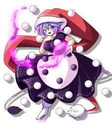 Rule 34 | 1girl, :d, black dress, blue eyes, blue hair, doremy sweet, dress, full body, hat, highres, looking at viewer, open mouth, pom pom (clothes), red hat, santa hat, short hair, simple background, smile, solo, tail, tapir tail, touhou, two-tone dress, white background, white dress, white footwear, zenji029