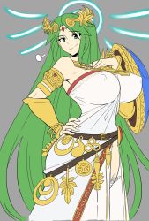 Rule 34 | 1girl, alternate breast size, armlet, breasts, covered erect nipples, flat color, full body, gold trim, green eyes, hair ornament, highres, huge breasts, jewelry, kid icarus, kid icarus uprising, large breasts, long hair, looking at viewer, mario (series), matsu-sensei, nintendo, palutena, shield, simple background, smile, smug, solo, super smash bros., thighhighs, unfinished, very long hair