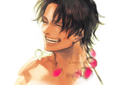 Rule 34 | 1boy, black hair, close-up, freckles, jewelry, looking ahead, male focus, necklace, no headwear, one piece, open mouth, portgas d. ace, portrait, short hair, simple background, smile, solo, teeth, tsuyomaru, twitter username, upper body, white background