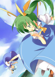 Rule 34 | &gt; &lt;, 2girls, ascot, asoka, blue dress, blue hair, boots, bow, brown footwear, child, choker, cirno, closed eyes, cloud, daiyousei, day, dress, embodiment of scarlet devil, eyebrows, fairy wings, flying, green bow, green eyes, green hair, hair bow, hair ribbon, ice, ice wings, multiple girls, open mouth, puffy short sleeves, puffy sleeves, red ribbon, ribbon, ribbon choker, shirt, short sleeves, side ponytail, sky, socks, touhou, white legwear, white shirt, wings, yellow ascot, yellow ribbon