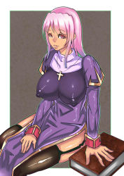 Rule 34 | 1girl, alternate color, breasts, brown thighhighs, covered erect nipples, cross, cross necklace, garter straps, jewelry, large breasts, long hair, necklace, pink eyes, pink hair, priest (ragnarok online), ragnarok online, shiny clothes, solo, thighhighs, zxc