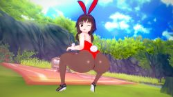 Rule 34 | 1girl, 3d, absurdres, animal ears, ass, brown hair, fake animal ears, highres, huge ass, kono subarashii sekai ni shukufuku wo!, leotard, looking at viewer, megumin, one eye closed, outdoors, playboy bunny, rabbit ears, rabbit tail, red eyes, short hair, short hair with long locks, sky, sodevs, solo, squatting, tail, thick thighs, thighs, tongue, tongue out, tree, wide hips, wink, wrist cuffs