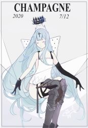 Rule 34 | 1girl, 2020, asymmetrical clothes, asymmetrical gloves, azur lane, bad id, bad pixiv id, black gloves, blue hair, champagne (azur lane), character name, closed mouth, cross, crown, dated, dress, closed eyes, gloves, grey background, long hair, pepper cyanide, sitting, solo, uneven gloves, very long hair, white dress