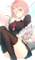 Rule 34 | 1girl, black-framed eyewear, black thighhighs, breasts, brown jacket, colored eyelashes, eyes visible through hair, unworn eyewear, fate/grand order, fate (series), fou (fate), glasses, hair over one eye, holding, holding removed eyewear, jacket, large breasts, looking at viewer, mash kyrielight, miniskirt, necktie, no shoes, open clothes, open jacket, pleated skirt, purple eyes, purple hair, red necktie, short hair, skirt, sune (mugendai), thighhighs, thighs, white background