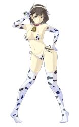 Rule 34 | 1girl, absurdres, animal collar, animal ears, animal print, bell, bikini, blunt bangs, blush, breasts, brown eyes, brown hair, cameltoe, closed mouth, collar, commentary request, contrapposto, cow ears, cow horns, cow print, cowbell, fake animal ears, fake horns, frown, full body, gloves, hand hair, hand on own hip, highres, horns, looking at viewer, manager (inmu), manatsu no yo no inmu, medium bangs, medium breasts, no shoes, pigeon-toed, print bikini, print gloves, print thighhighs, red collar, short hair, side-tie bikini bottom, simple background, solo, standing, suisyu chouman chawan no kakera, swimsuit, thighhighs, transparent background, white bikini, white gloves, white thighhighs