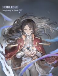 Rule 34 | 1boy, adele (maplestory), black hair, brown eyes, cloak, closed mouth, cropped legs, english text, expressionless, formal, gradient background, highres, holding, jewelry, long hair, looking at object, looking down, lupus huang, male focus, maplestory, pants, pointy ears, red cloak, solo, suit, thinking, white pants