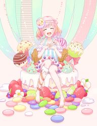 Rule 34 | 1girl, :d, ^ ^, azaka (pipponao), bare shoulders, barefoot, cake, candy, chocolate, closed eyes, collarbone, dress, closed eyes, food, fruit, highres, interlocked fingers, kiwi (fruit), legs, lollipop, open mouth, original, pink hair, short hair, sitting, smile, solo, strawberry