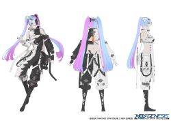 Rule 34 | 1girl, asymmetrical clothes, blue hair, character sheet, detached sleeves, full body, long hair, looking at viewer, multicolored hair, official art, phantasy star, phantasy star online 2, pink hair, standing, streaked hair, tokiki (tomok1), twintails, very long hair, white background