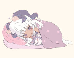 Rule 34 | 1girl, ?, alarm clock, blade (galaxist), brown background, clock, commentary request, dark-skinned female, dark skin, fang, gloves, holding, horns, lying, on side, parted lips, pillow, print pillow, project blue (vtuber), purple eyes, short eyebrows, simple background, solo, star (symbol), star print, sugar glider (project blue), thick eyebrows, under covers, virtual youtuber, white gloves, white hair