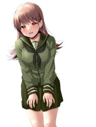 Rule 34 | 1girl, blush, breasts, brown hair, feet out of frame, green neckerchief, green sailor collar, green serafuku, green skirt, kantai collection, large breasts, long hair, long sleeves, looking at viewer, mochisaka mitsuki, neckerchief, ooi (kancolle), open mouth, pleated skirt, red eyes, sailor collar, school uniform, serafuku, simple background, skirt, solo, white background