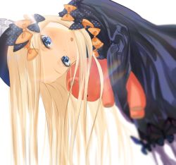 Rule 34 | 1girl, abigail williams (fate), black bow, black dress, black hat, blonde hair, blue eyes, blush, bow, breasts, dress, fate/grand order, fate (series), forehead, hair bow, hat, long hair, long sleeves, looking at viewer, multiple bows, open mouth, orange bow, parted bangs, polka dot, polka dot bow, sakazakinchan, sleeves past fingers, sleeves past wrists, solo, stuffed animal, stuffed toy, teddy bear