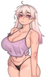 Rule 34 | 1girl, bare arms, bare shoulders, black panties, breasts, camisole, cleavage, closed mouth, collarbone, commentary, cowboy shot, crop top, expressionless, g-string, gradient hair, hand on own hip, highres, kelvin hiu, large breasts, looking at viewer, messy hair, multicolored hair, navel, notice lines, original, panties, pink camisole, pink eyes, pink hair, sideways glance, simple background, solo, thong, two-tone hair, underwear, violet (kelvin hiu), white background, white hair