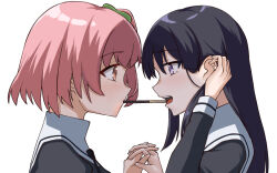 Rule 34 | 2girls, assault lily, black hair, black ribbon, brown eyes, closed mouth, clover hair ornament, commentary, eye contact, food, food in mouth, from side, hair behind ear, hair ornament, tucking hair, hand up, hands up, highres, hitotsuyanagi riri, holding hands, interlocked fingers, long hair, long sleeves, looking at another, mouth hold, multiple girls, neck ribbon, one side up, parted lips, pink hair, pocky, pocky in mouth, pocky kiss, portrait, profile, purple eyes, ribbon, school uniform, shared food, shirai yuyu, short hair, simple background, teeth, upper teeth only, white background, yuhana (lily yuhana), yuri, yurigaoka girls academy school uniform