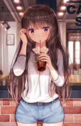 Rule 34 | 1girl, belt, blouse, blunt bangs, blurry, blurry background, brick wall, brown eyes, brown hair, cowboy shot, drink, drinking, drinking straw, glass, hair over shoulder, tucking hair, highres, ice, long hair, looking at viewer, original, outdoors, shirt, short shorts, shorts, solo, standing, superpig, sweat, wet, wet clothes, white shirt, wide hips