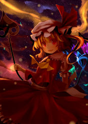 Rule 34 | 1girl, absurdres, ascot, blonde hair, bunchou (bunchou3103), different reflection, female focus, flandre scarlet, hat, hat ribbon, highres, laevatein, open mouth, red eyes, reflection, ribbon, short hair, side ponytail, skirt, skirt set, smile, solo, tears, touhou, wings