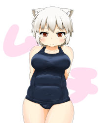 Rule 34 | 1girl, animal ears, arms behind back, belly, blue one-piece swimsuit, blush, breasts, covered navel, cowboy shot, fat, fat rolls, frown, half-closed eyes, hitotsubashi inari, inubashiri momiji, large breasts, legs together, one-piece swimsuit, plump, pout, red eyes, school swimsuit, short hair, shy, simple background, skin tight, solo, standing, swimsuit, thick thighs, thighs, touhou, weight conscious, white background, white hair, wide hips, wolf ears