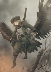Rule 34 | 1girl, asterisk kome, barbed wire, brown wings, coat, flying, full body, goggles, goggles on headwear, gun, highres, low wings, military, military uniform, shin guards, smoke, solo, tagme, trench coat, uniform, weapon, winged fusiliers, wings, yellow eyes
