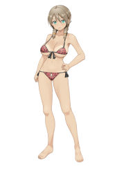 Rule 34 | 1girl, absurdres, bare arms, bare legs, bare shoulders, barefoot, bikini, bikini top only, breasts, brown hair, cleavage, feet, full body, green eyes, hand on own hip, highres, large breasts, legs, light smile, long hair, navel, nightmare express, original, simple background, smile, solo, standing, swimsuit, tan, tanline, thighs, thong, toes, twintails, white background