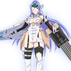 Rule 34 | 1girl, android, armpits, bare shoulders, blue hair, breasts, cleavage, commentary request, cyborg, elbow gloves, expressionless, forehead protector, gloves, highleg, kos-mos, large breasts, leotard, long hair, solo, standing, thighhighs, very long hair, xenosaga, yoshida keiji