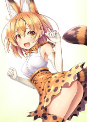 Rule 34 | 10s, 1girl, :d, akashio (loli ace), animal ears, ass, blonde hair, bow, bowtie, cat ears, cat tail, elbow gloves, female focus, gloves, gradient background, highres, kemono friends, no panties, open mouth, print bow, print gloves, print legwear, print skirt, serval (kemono friends), serval print, serval tail, short hair, skirt, smile, solo, tail, white gloves, yellow eyes