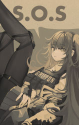 Rule 34 | 1girl, closed mouth, clothes writing, fingerless gloves, girls&#039; frontline, gloves, greyscale, griffin &amp; kryuger, hair between eyes, highres, jacket, kanoe (kanoe502), knee pads, legs up, long hair, long sleeves, looking at viewer, monochrome, off shoulder, one side up, pantyhose, pleated skirt, simple background, skirt, solo, sos, speech bubble, ump45 (girls&#039; frontline), vest