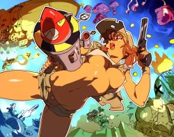 Rule 34 | 1girl, baseball cap, breasts, brown hair, commentary, crop top, dog tags, dual wielding, english commentary, finger on trigger, fio germi, glasses, gun, handgun, hat, holding, holding gun, holding weapon, metal slug, missile, navel, nipples, no bra, one breast out, optionaltypo, pistol, ponytail, red-framed eyewear, revolver, rocket launcher, short shorts, shorts, smoke trail, snk, solo focus, ufo, underboob, weapon