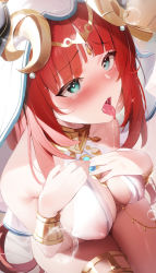 Rule 34 | 1girl, absurdres, aqua eyes, bare shoulders, bracer, breasts, brooch, circlet, covered erect nipples, fantongjun, genshin impact, harem outfit, highres, horns, jewelry, large breasts, long hair, looking at viewer, neck ring, nilou (genshin impact), open mouth, oral invitation, paid reward available, raised eyebrows, red hair, saliva, saliva trail, see-through, solo, sparkle, thighlet, thighs, tongue, tongue out, twintails, veil