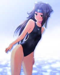 Rule 34 | 1girl, absurdres, arena (company), beach, blue sky, breasts, brown eyes, brown hair, cloud, cloudy sky, collarbone, competition school swimsuit, competition swimsuit, cowboy shot, day, dutch angle, forehead protector, graphite (medium), hair intakes, headband, highres, jintsuu (kancolle), jintsuu kai ni (kancolle), kantai collection, light particles, long hair, mechanical pencil, one-piece swimsuit, pencil, reflection, school swimsuit, sky, small breasts, solo, standing, sunlight, swimsuit, tennouji masamichi, traditional media
