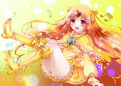 Rule 34 | 10s, 1girl, boots, bow, brooch, circlet, cure muse, cure muse (yellow), dress, frills, full body, hair ribbon, heart, highres, jewelry, knee boots, long hair, magical girl, musical note, open mouth, orange hair, precure, red eyes, ribbon, shirabe ako, skirt, smile, solo, suite precure, tage (meyasubako), twintails, yellow background, yellow bow, yellow dress, yellow skirt, yellow theme