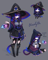Rule 34 | 1girl, black footwear, black hair, black socks, black tunic, blue hair, blue pupils, cat tail, character sheet, energy ball, hat, highres, long hair, looking at viewer, multicolored hair, original, purple hair, socks, squeaky (artist), streaked hair, tail, torn clothes, tunic, witch, witch hat
