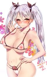Rule 34 | 1girl, alternate costume, antenna hair, armpits, azur lane, bare arms, bare shoulders, bikini, bikini tug, black ribbon, blush, breasts, cleavage, collarbone, covered erect nipples, cross, dated, floral background, groin, hair between eyes, hair ribbon, hand on own hip, heart, heart-shaped pupils, highres, iron cross, large breasts, long hair, looking at viewer, micro bikini, multicolored hair, navel, nipples, prinz eugen (azur lane), red hair, ribbon, see-through silhouette, signature, silver hair, simple background, smile, solo, stomach, streaked hair, swimsuit, symbol-shaped pupils, thighs, twintails, very long hair, white background, yuzuri ai